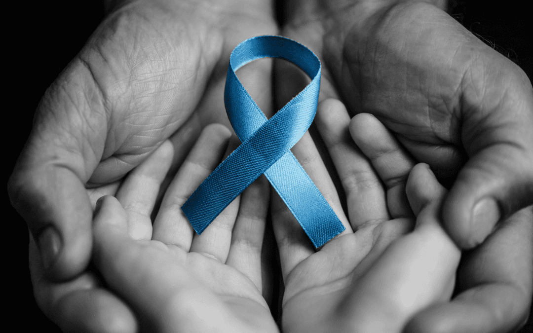 Blue ribbon on hands